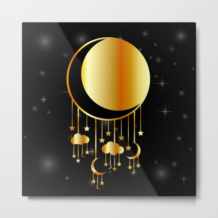 Golden night sky and moon dreamcatcher in gold Metal Print