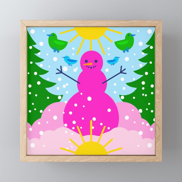 Pink Snowman Woodland Holiday Sunshine And Birds Cute Colorful Retro Modern Scandi Bright Bold Cheerful Christmas Winter Snow  Framed Mini Art Print