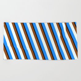 [ Thumbnail: Brown, Mint Cream, Blue, and Black Colored Pattern of Stripes Beach Towel ]