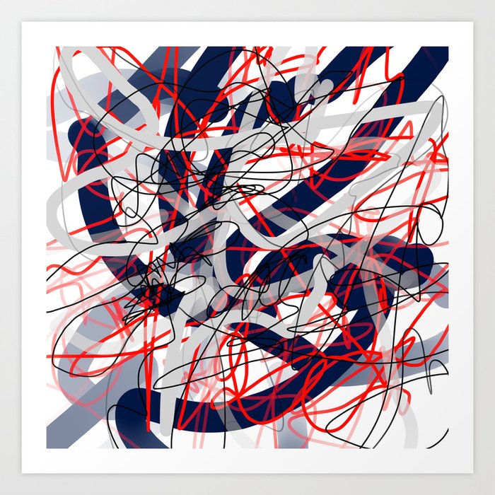Red, Black, White & Gray Blue Squiggle Abstract Art Print