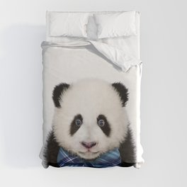Baby Panda With Blue Bowtie, Blue Nursery, Baby Animals Art Print by Synplus Duvet Cover