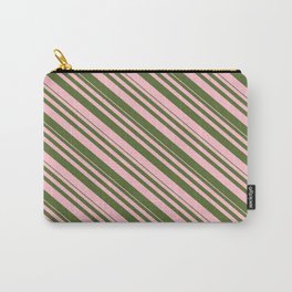 [ Thumbnail: Pink and Dark Olive Green Colored Lines/Stripes Pattern Carry-All Pouch ]