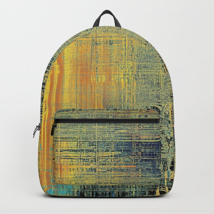 Abstract vintage background with grunge effects, ragged elements, and different color patterns: yellow (beige); red (orange); blue; black; cyan Backpack