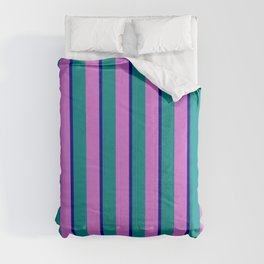 [ Thumbnail: Dark Cyan, Orchid, and Dark Blue Colored Stripes/Lines Pattern Comforter ]