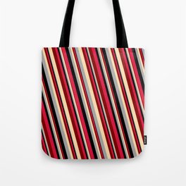 [ Thumbnail: Eye-catching Crimson, Maroon, Tan, Dark Gray, and Black Colored Lines/Stripes Pattern Tote Bag ]