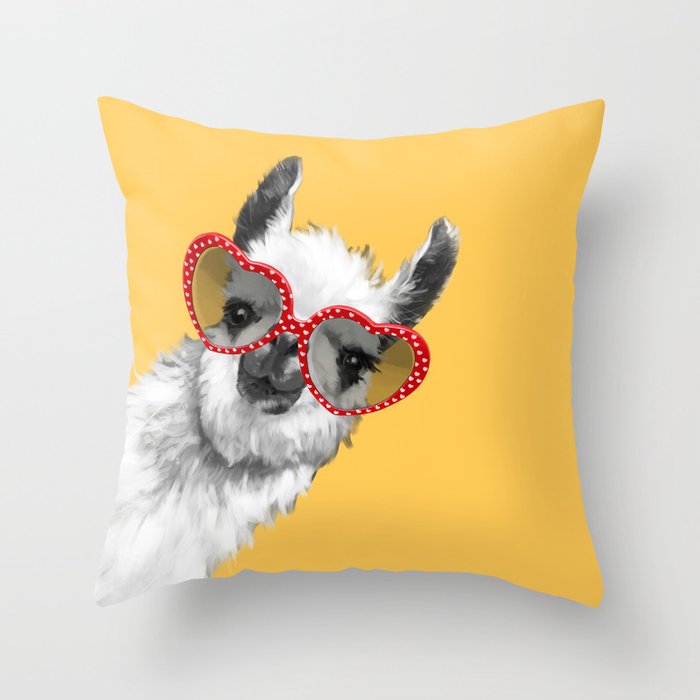 Fashion Hipster Llama with Glasses Throw Pillow
