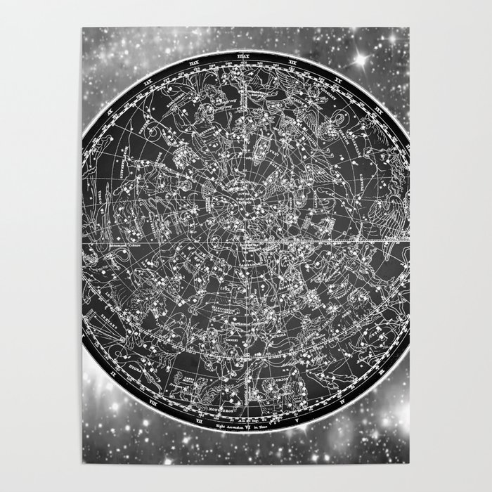 Vintage Zodiac Map - Black and White Poster