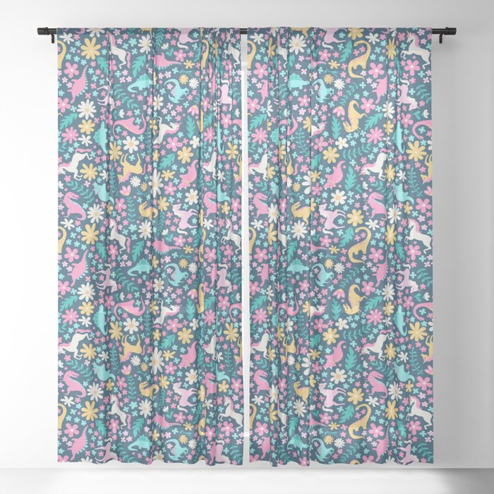 Floral Burst with Dinosaurs + Unicorns in Neon Sheer Curtain