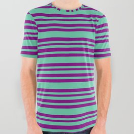 [ Thumbnail: Aquamarine & Purple Colored Striped/Lined Pattern All Over Graphic Tee ]