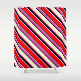 [ Thumbnail: Beige, Orchid, Red & Black Colored Striped/Lined Pattern Shower Curtain ]