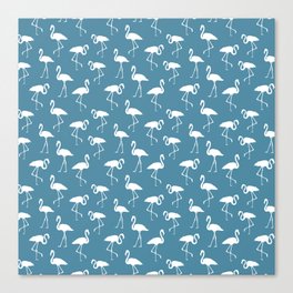 White flamingo silhouettes seamless pattern on blue background Canvas Print