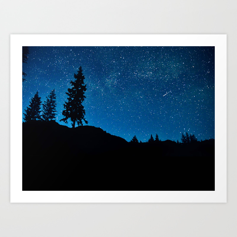 Amazing Blue Ombre Night Sky With Tree Silhouette Art Print