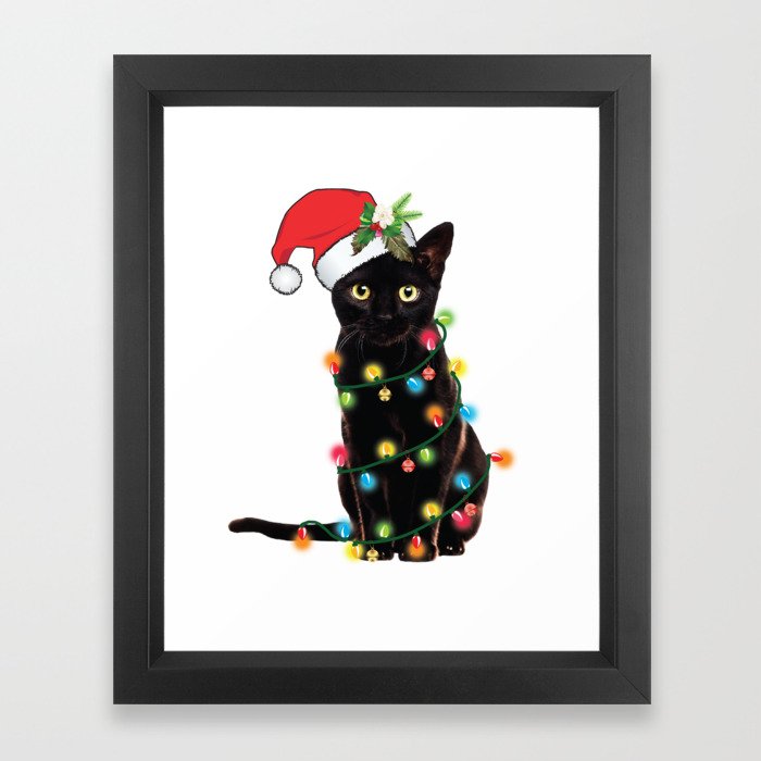 Santa Black Cat Tangled Up In Lights Christmas Santa Graphic Framed Art Print