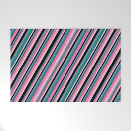[ Thumbnail: Light Slate Gray, Dark Cyan, Hot Pink, Light Pink, and Black Colored Striped/Lined Pattern Welcome Mat ]