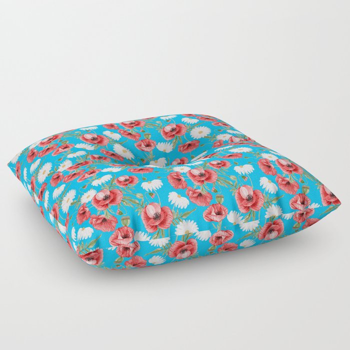 Daisy and Poppy Seamless Pattern on Turquoise Background Floor Pillow