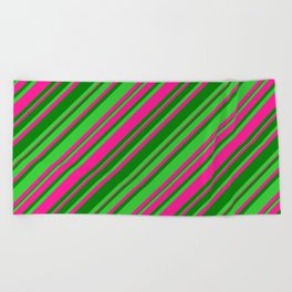 [ Thumbnail: Deep Pink, Green & Lime Green Colored Lines Pattern Beach Towel ]