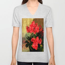 Decorative Red Geraniums  Floral Still Life Art V Neck T Shirt