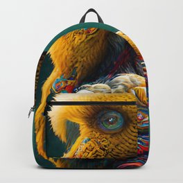 A fantasy portrait of an unusual bird in a fairy-tale elfin forest. Fabulous flower garden and cute fantasy birds. Concept of a colorful magic bird. Backpack