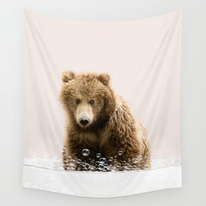 Bear in a Bathtub, Bear Taking a Bath, Bear Bathing, Bathtub Animal Art Print By Synplus Wall Tapestry