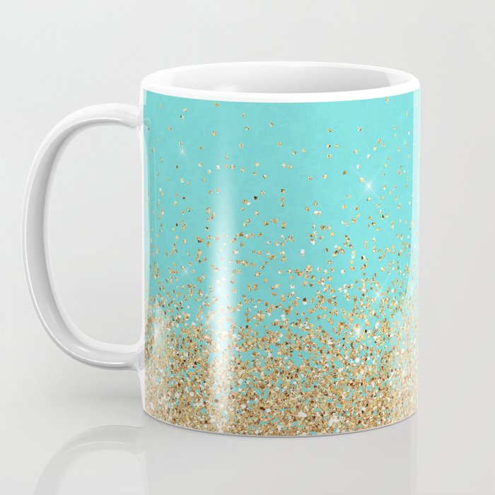 Sparkling Gold Glitter Confetti On Aqua Teal Damask