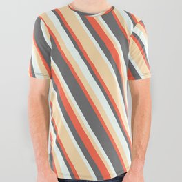 [ Thumbnail: Tan, Red, Dim Gray & Mint Cream Colored Stripes/Lines Pattern All Over Graphic Tee ]
