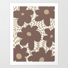 Retro Flowers on Warped Checkerboard \\ Cocoa Mocca Color Palette Art Print
