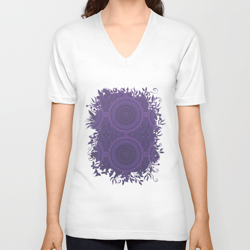 Mystic Mandala Pattern Dusty Purple Unisex V-Neck T-shirt by ruthart