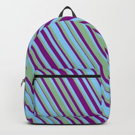 [ Thumbnail: Purple, Light Sky Blue & Dark Sea Green Colored Lined/Striped Pattern Backpack ]