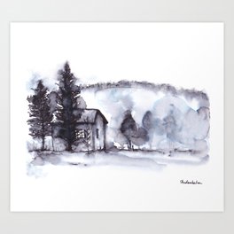 Little Farm Watercolor with Trees and Mountain Art Print