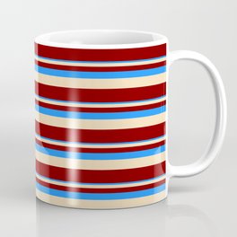 [ Thumbnail: Blue, Tan, and Maroon Colored Lined Pattern Coffee Mug ]