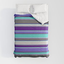 [ Thumbnail: Eye-catching Indigo, Turquoise, Light Gray, Slate Blue, and Dim Grey Colored Striped Pattern Comforter ]