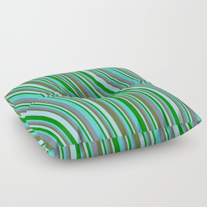 Turquoise, Slate Gray, Dark Olive Green, Light Blue, and Green Colored Striped/Lined Pattern Floor Pillow
