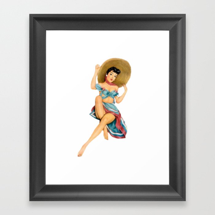 Sexy Brunette Pin Up With Straw Hat Red And Blue Vintage Dress Framed Art Print