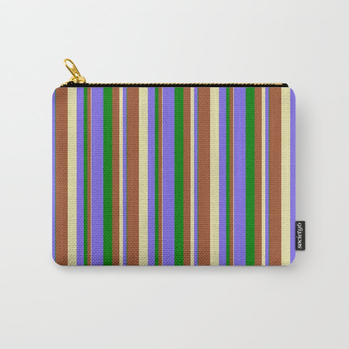 Green, Medium Slate Blue, Pale Goldenrod, and Sienna Colored Striped Pattern Carry-All Pouch