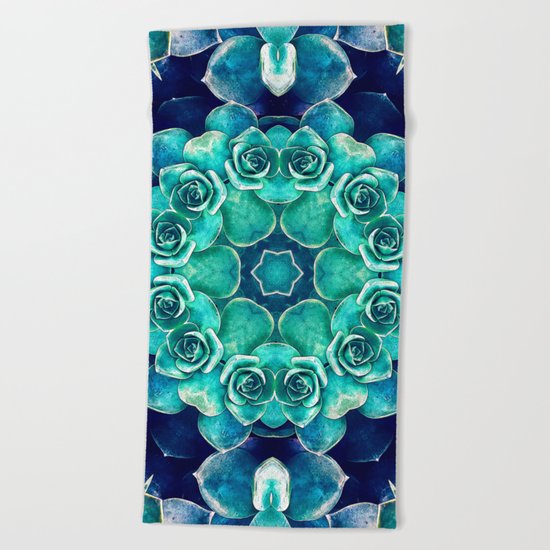 Turquoise Succulents Mandala Beach Towel
