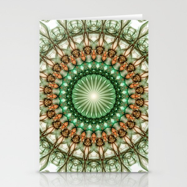Glowing green and brown mandala Stationery Cards