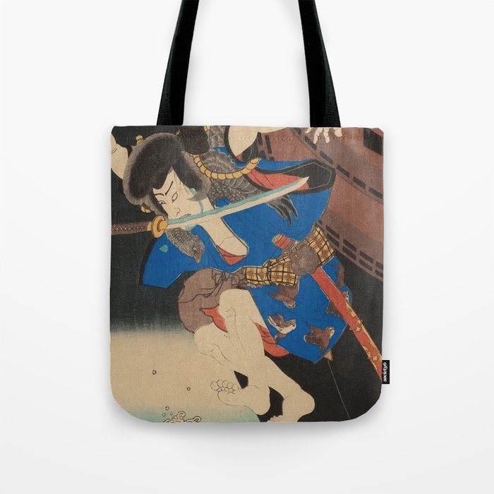 Samurai Jumping From The Ship Into The Sea - Antique Japanese Ukiyo-e Woodblock Print Art Tote Bag