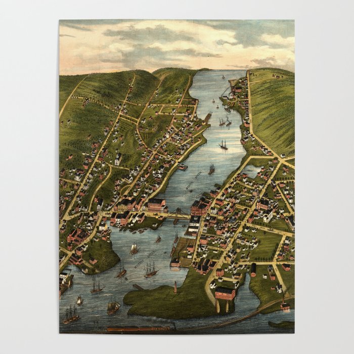 Vintage Mystic CT River & Bridge Map (1879) Poster by BravuraMedia