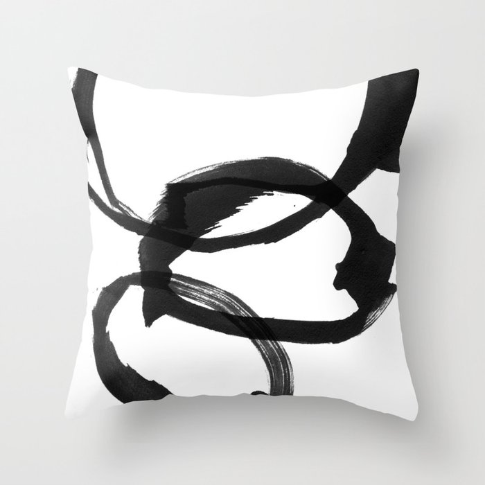 Black and White Round Abstract Shapes Minimalist Ink Painting Throw Pillow