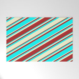 [ Thumbnail: Red, Cyan, and Light Yellow Colored Stripes Pattern Welcome Mat ]