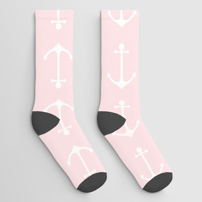 Nautical Blush Pink White Anchor Pattern Socks
