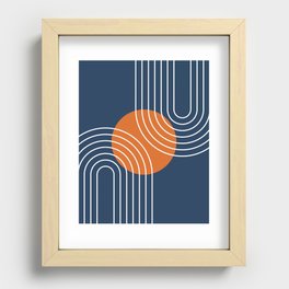 Mid Century Modern Geometric 133 in Navy Blue and vintage orange (Sun and Rainbow Abstract) Recessed Framed Print