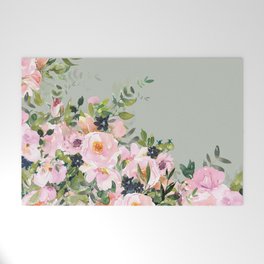 Floral Watercolor, Roses, Green and Pink Welcome Mat