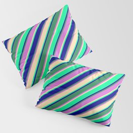 [ Thumbnail: Eyecatching Beige, Green, Dark Blue, Sea Green, and Orchid Colored Lines/Stripes Pattern Pillow Sham ]