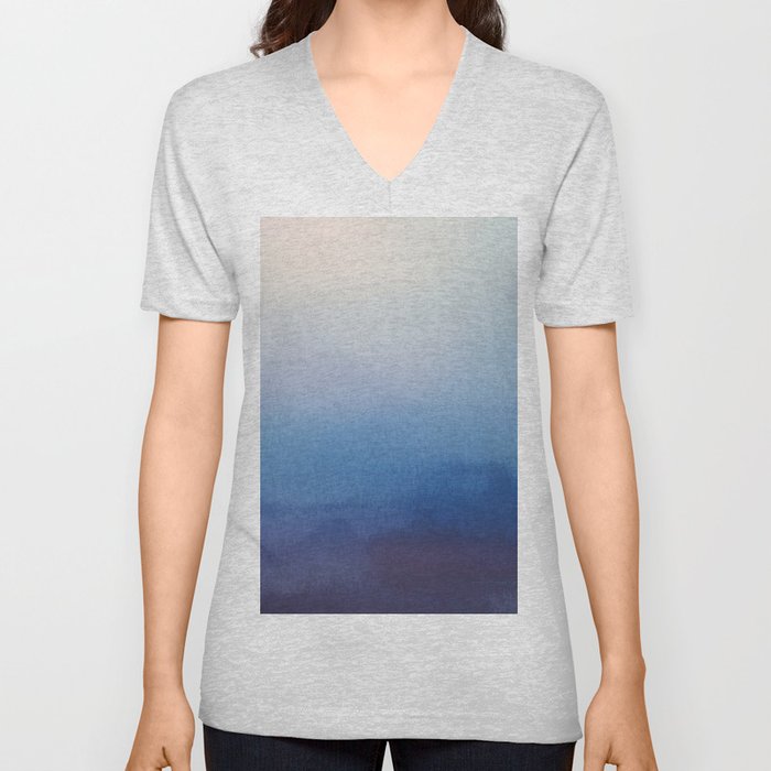 Ocean Mist - Abstract Watercolor Painting Blue and White V Neck T Shirt