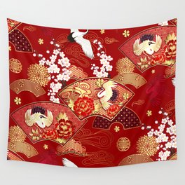 Spring Japanese background with fans and cranes Wall Tapestry