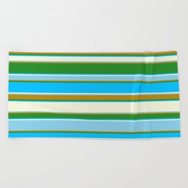 [ Thumbnail: Forest Green, Deep Sky Blue, Beige, Sky Blue, and Dark Goldenrod Colored Striped/Lined Pattern Beach Towel ]