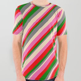 [ Thumbnail: Eye-catching Gray, Bisque, Hot Pink, Red & Green Colored Lines/Stripes Pattern All Over Graphic Tee ]