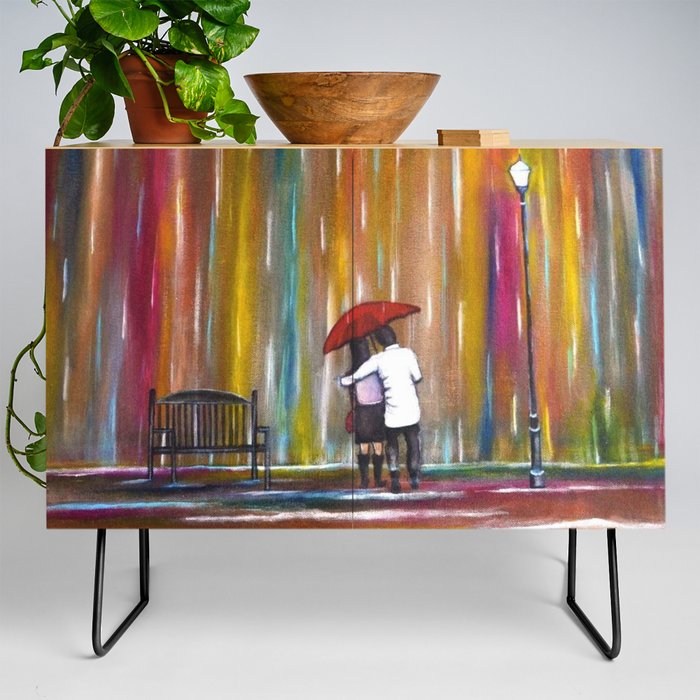 Love in a twilight colorful rain; couple with red umbrella romantic portrait painting by Manjiri Credenza