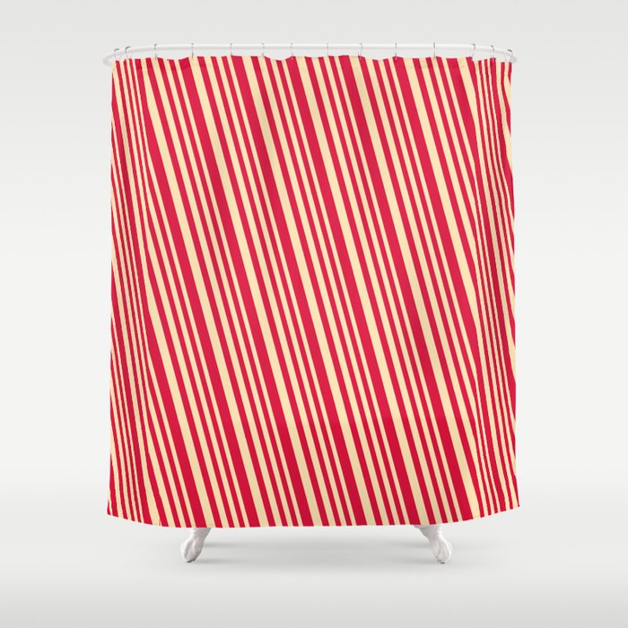 Beige and Crimson Colored Lined Pattern Shower Curtain
